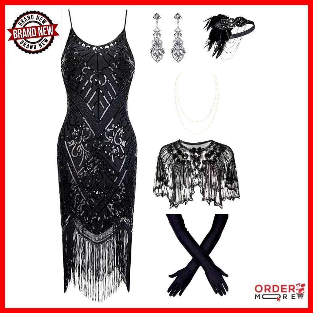 Plus Size 1920s Sequin Fringe Flapper Cocktail Dress with Cape